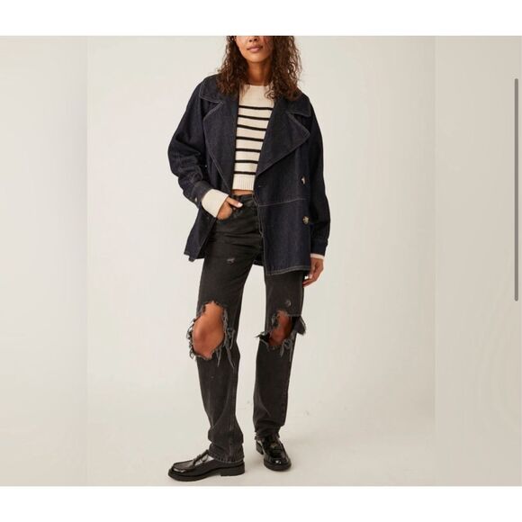 Free People Denim Jean jacket Long Sleeve Button Front Car Coat small NEW - Picture 6 of 7